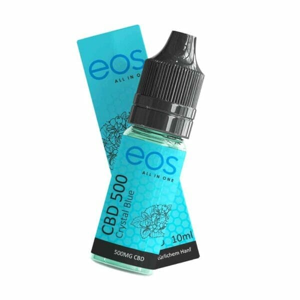 eos crystal blue 500mg cbd eLiquid Flasche vor Verpackung - Edelhanf - Ihr Premium CBD Shop