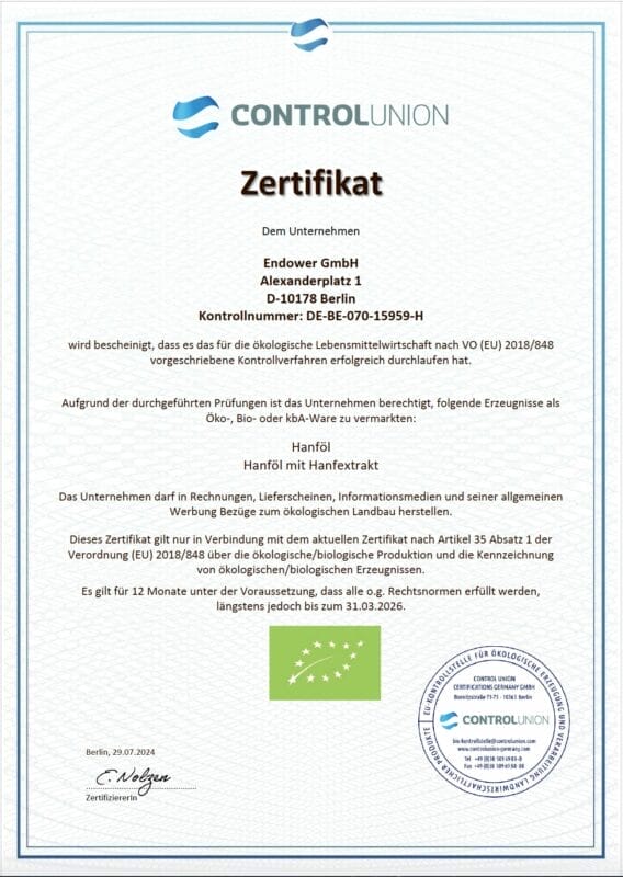 Endower GmbH Biozertifikat 2024 - Edelhanf - Ihr Premium CBD Shop